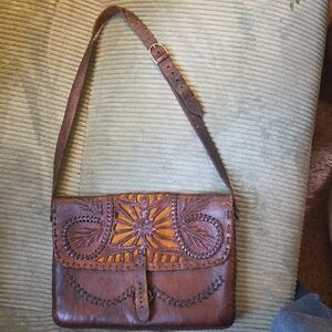 Vintage Handtooled Brown Leather Shoulder/Cossbody Bag